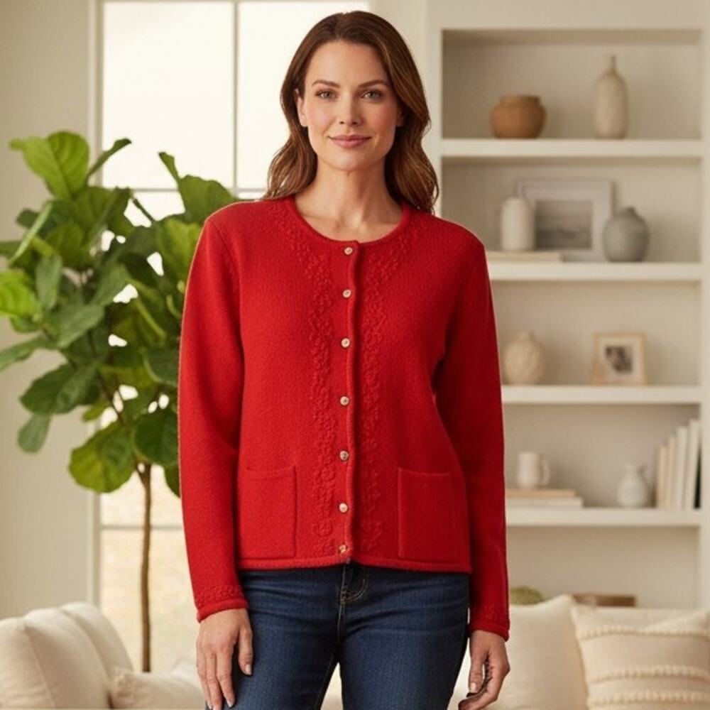Vintage Tally-Ho Womens PM Red Cardigan Sweater Embroidered Floral Button Up